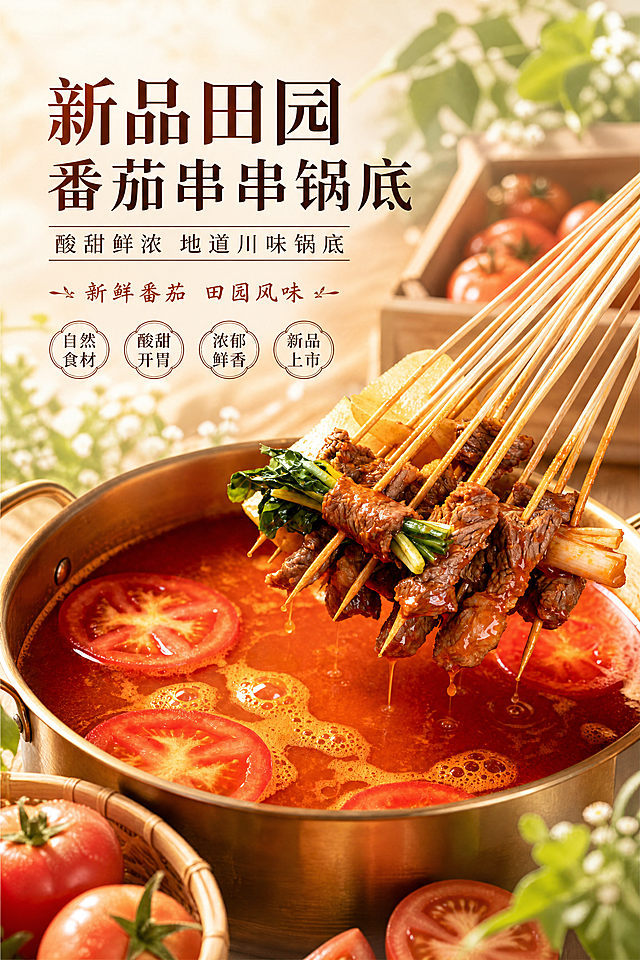 设计一张60x90尺寸的新品田园番茄串串锅底电商海报，写实商业摄影风格，田园清新食欲风。主标题"新品田园番茄串串锅底"，副标题"酸甜鲜浓 地道川味锅底"，装饰文案"新鲜番茄 田园风味"，卖点标签：自然食材、酸甜开胃、浓郁鲜香、新品上市。商品主体使用图中的番茄锅底串串，100%还原上传商品图的产品外形、材质、颜色和结构，商品主体占比60%。背景采用浅暖田园风格，搭配虚化的番茄和绿叶点缀，保留三层空间层次，顶部自然光加侧前方柔光，突出食欲感。版式精美，文字不遮挡商品主体，四边留足安全边距，层级清晰分明。画面比例2:3，分辨率4K，整体简约高级，符合食品饮料海报食欲氛围要求。