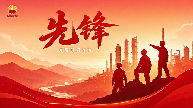 国企党建主题宣传海报，中石油风格，整体为多种红色渐变配色，从深红、朱红、橙红过渡到浅粉暖红，暖调氛围感逆光，画面远景是层叠的红色渐变山峦与蜿蜒河流，中景矗立着石油炼化装置天然气生产基地剪影，前景是身着红色工装、头戴安全帽的石油工人先锋剪影，呈现攀登、前行、指向远方的姿态，逆光暖光效照亮人物与工业装置，融合扁平化插画与氛围感剪影风格，参考中石油宣传海报质感，画面顶部预留标题区域，放置醒目红色大字"先锋"，下方搭配白色小字副标题"党建引领方向"，左上角保留简约品牌标识位，线条干净柔和，庄重大气的国企宣传质感，画面禁止出现冷色调（蓝色/绿色/紫色），禁止出现写实照片，禁止出现人物面部细节，禁止出现杂乱纹理，禁止出现多余杂物，禁止出现文字变形模糊，禁止出现噪点，禁止出现硬阴影，禁止出现破坏红调的无关元素，禁止出现过度写实的工业细节，禁止出现与石油、党建无关的场景