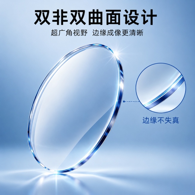 [主图-3] 康耐特fix双非双曲面镜片超广角视野细节展示。
[氛围风格] 通透科技感，细节清晰
[画质] 商业摄影质感、光线柔和通透、产品清晰真实、画面干净高级
[元素] 镜片主体居中放大，右侧叠一预览效果