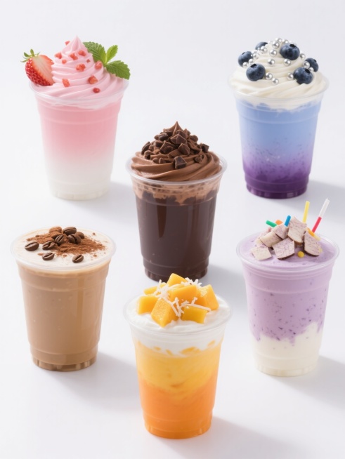 六款不同造型的同系列饮品素材集合，均采用高清写实摄影风格，白色纯净背景，透明塑料杯身，规整的网格状排布。每款饮品各具特色：第一款为草莓风味，杯身是渐变的粉红色奶油顶，点缀草莓碎和薄荷叶；第二款是蓝莓口味，呈现蓝紫色渐变奶油顶，撒有蓝莓颗粒和银珠糖；第三款是巧克力风味，深棕色奶油顶，装饰巧克力碎和可可粉；第四款是芒果口味，橙黄色渐变奶油顶，配有芒果丁和椰丝；第五款是咖啡风味，浅棕色奶油顶，撒有咖……预览效果