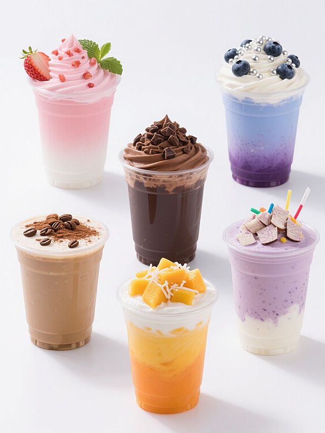 六款不同造型的同系列饮品素材集合，均采用高清写实摄影风格，白色纯净背景，透明塑料杯身，规整的网格状排布。每款饮品各具特色：第一款为草莓风味，杯身是渐变的粉红色奶油顶，点缀草莓碎和薄荷叶；第二款是蓝莓口味，呈现蓝紫色渐变奶油顶，撒有蓝莓颗粒和银珠糖；第三款是巧克力风味，深棕色奶油顶，装饰巧克力碎和可可粉；第四款是芒果口味，橙黄色渐变奶油顶，配有芒果丁和椰丝；第五款是咖啡风味，浅棕色奶油顶，撒有咖啡豆碎和肉桂粉；第六款是香芋口味，淡紫色渐变奶油顶，点缀香芋碎和彩色糖针。所有饮品均有细腻的奶泡层和清晰的分层效果，光影明亮柔和，突出饮品的质感和新鲜感，整体构图对称平衡，信息传达简洁高效。