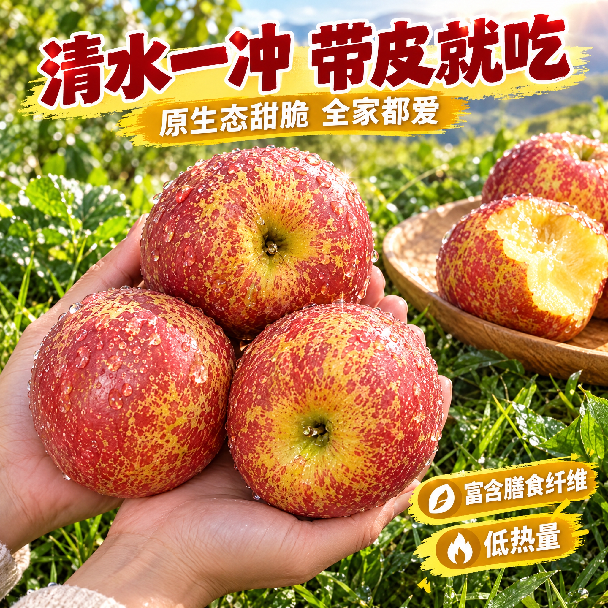 [主图-3] 食用场景与营养卖点图：昭通丑苹果清洗后带皮直接吃… - 图片创意预览
