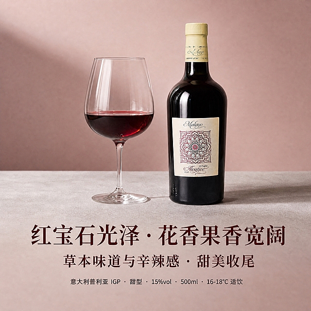 将图片顶部的三行文字「红宝石光泽 · 花香果香宽阔」「草本味道与辛辣感 · 甜美收尾」「意大利普利亚 IGP · 甜型 · 15%vol · 500ml · 16-18℃ 适饮」全部移动到图片底部，保持文字内容、字体、颜色、大小、三行层级关系完全不变，排版居中对齐。顶部文字移除后，哑光雾玫瑰色背景自然延伸填充，保持背景完整和谐。画面中的红酒杯和红酒瓶保持原样不动，位置、光影、质感完全不变。整体画面保持高端美食杂志摄影风格，柔和侧光。