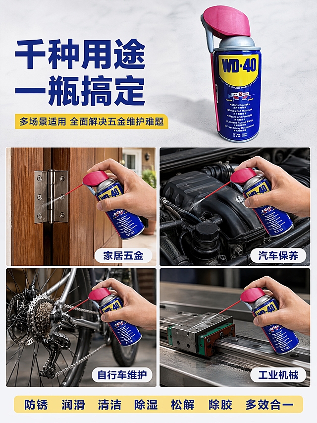 [第5张] 使用场景展示-家居汽车自行车工业四宫格。本张使用【图1】作为商品主体。
[氛围/风格] 高级简约 真实场景 蓝黄品牌调性 商业摄影质感 整体不突兀不廉价。
[元素布局] 画面上部为大标题区和产品主图：WD-40产品斜放在浅灰色台面上，占比约25%。保持产品外观与输入产品图绝对一致。画面下部为2×2四宫格场景图，每个格子展示一个真实使用场景，每个场景中都有WD-40产品出现：左上格"家居五金维护"——喷洒在门合页上，背景为家居门廊木质门；右上格"汽车保养维护"——喷洒在汽车发动机舱零件上，背景为汽车引擎盖内局部；左下格"自行车链条保养"——喷洒在自行车链条和齿轮上，背景为车库一角；右下格"工业机械润滑"——喷洒在设备导轨上，背景为工作台金属面。每个场景产品外观一致。
[光影质感] 主图区域：上方柔光，台面有微弱反光，产品投影自然。四宫格各场景：各自场景内真实自然光或室内照明，光影方向统一从左上方来，保持整体一致性。
[配色色系] 全局底色 #F8FAFC 极浅灰蓝；主色WD-40蓝（产品+标题）；辅色亮黄（标签强调）、深灰文字、白色标签底。
[视角构图] 上部产品主图平视微俯，下部四宫格均分；整体上下结构，满版排布，信息丰富。
[文字版式] 上部左侧标题区：第一行大字"千种用途 一瓶搞定" 深蓝色粗体大号；第二行中字"多场景适用 全面解决五金维护难题" 黄色中号。四宫格每格右下角有白色圆角标签，内有场景名称文字："家居五金""汽车保养""自行车维护""工业机械" 深蓝色中号粗体。底部通栏一行小字："防锈 润滑 清洁 除湿 松解 除胶 多效合一" 深蓝色文字配浅黄底。
[比例分辨率] 3:4 竖版比例，4K分辨率，文字清晰可辨，高清画质。
[负向提示词] 变形，水印，文字错乱，文字过小，缺件错件，结构错误，颜色偏差，包装文字错乱，产品图模糊，背景杂乱，电商平台Logo。