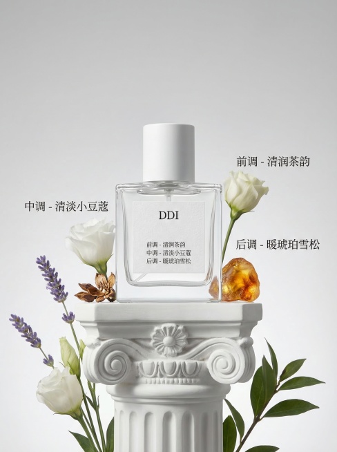 主体内容：透明方形香水瓶，配白色哑光圆柱瓶盖，瓶身贴有白色标签，标签上印有 “DDI” 及相关文字；香水瓶放置在白色罗马柱样式的小型台座上，周围环绕白色洋桔梗、紫色薰衣草、干枯褐色植物、绿色叶片与一块预览效果
