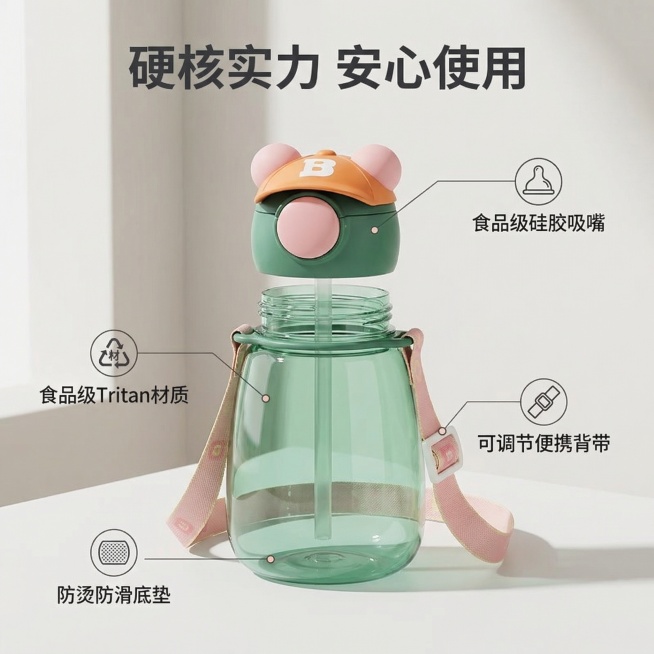 [主图2]：帽帽熊水杯核心卖点展示，[氛围/风格]舒适简约、家居治愈、明亮柔光，[画面元素]绿色杯身款水杯（非保温款，通透材质）居中，周围用纤细引线连接对应部位标注卖点：杯盖连接“食品级硅胶吸嘴”，杯预览效果