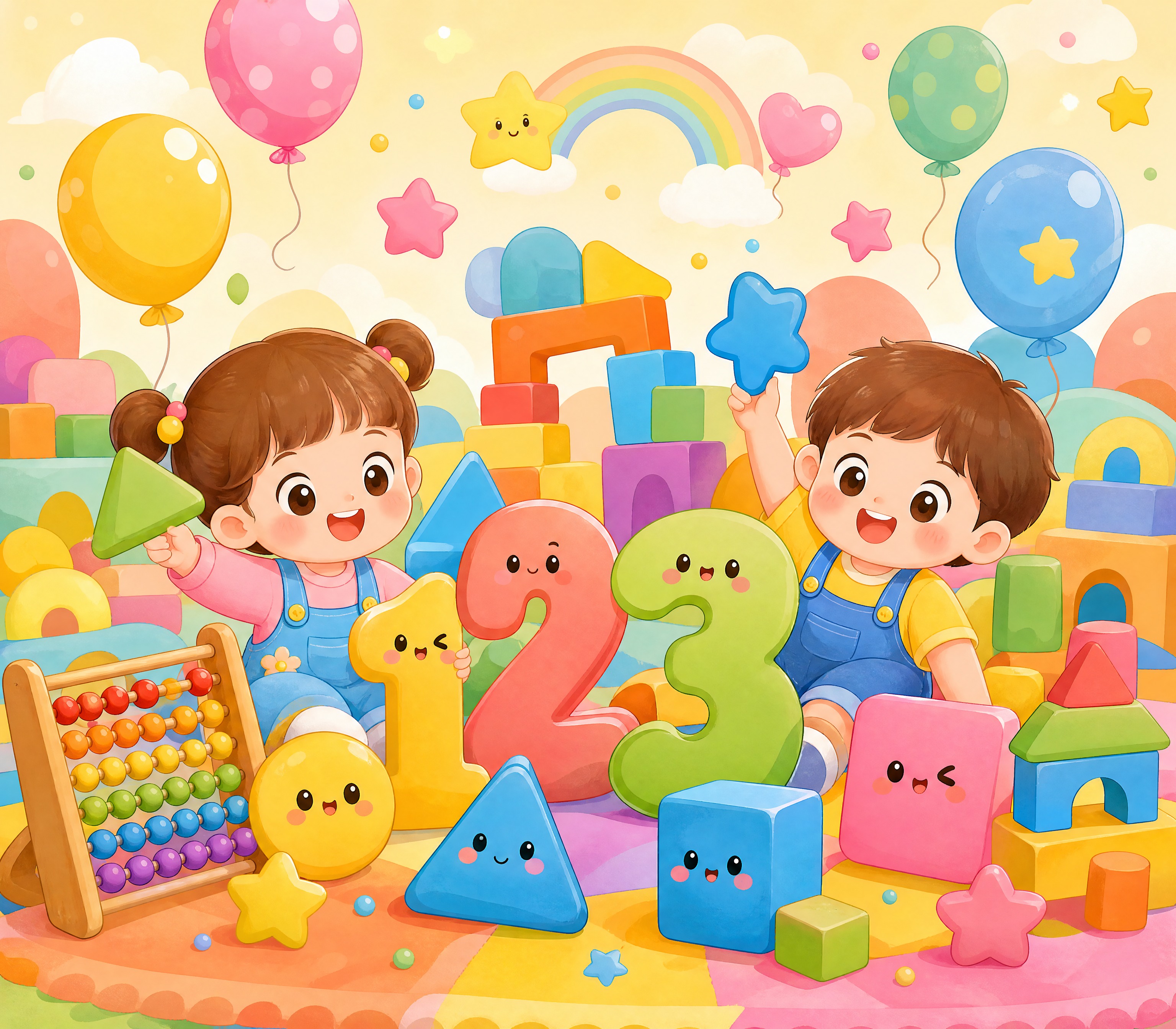 卡通风格幼儿园数学教材封面插画，画面充满童趣，包含可爱的卡通数… - 图片创意预览