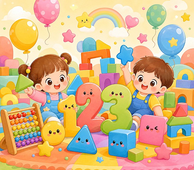 卡通风格幼儿园数学教材封面插画，画面充满童趣，包含可爱的卡通数字、几何图形（圆形、三角形、正方形）、彩色积木、算盘、星星、气球等数学相关元素，色彩明亮活泼，以暖色调为主，搭配柔和的粉蓝、嫩黄、草绿、橙红等马卡龙色系，画面构图饱满，适合作为教材封面背景，纯插画无文字，Q版可爱风格，圆润线条，适合低龄儿童审美，高清细腻