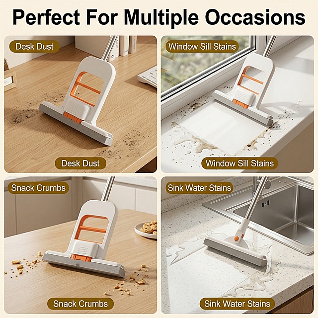 [Main Image 5] Multi-scene Application
[Style] Lifestyle grid display, natural unified lighting, Shein aesthetic style
[Layout] 4-square grid layout, each grid shows one application scenario, keep product appearance exactly same as original image
[Scenarios] Grid 1: cleaning desktop dust, Grid 2: wiping window sill stains, Grid 3: cleaning snack crumbs on desk, Grid 4: cleaning water stains beside sink, all scenes natural and realistic
[Text] Top main title bold: "Perfect For Multiple Occasions", each grid has small text label for scene name, all English no Chinese
[Composition] 1:1 square, 2K resolution, consistent lighting across all grids
