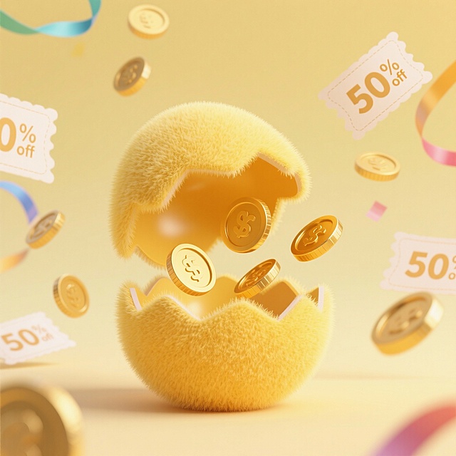 软3D毛绒蛋壳裂开，鎏金硬币飞溅，搭配彩带与50%优惠券，营造喜庆可爱促销氛围。