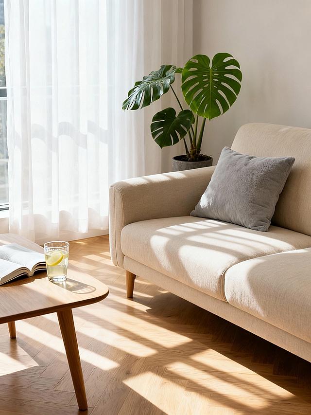 生成一张客厅调现代简约风的实拍图，要求房间有生活气息