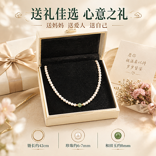 [主图-5] 礼赠场景与规格展示 礼盒包装送礼推荐
[统一基调] 整体风格精致轻奢国风雅致 背景主色奶油米白搭配浅香槟金点缀 标题字色墨玉绿 辅助字色暖金 强调色和田玉青绿色 字体使用文艺衬线体 字号层级分明 卡片与图标采用细金线描边极简样式 整套光影统一为柔光箱高光加窄条轮廓光
[画面] 画面中心是打开的米白色轻奢首饰盒 盒内黑色丝绒内衬上摆放着和田玉珍珠锁骨链 项链整齐排列 和田玉珠位于盒中央 首饰盒旁边放着一张手写贺卡和一小束干花 营造精致礼赠氛围 画面下方用三个小图标加文字展示产品规格 分别是「链长约42cm」「珍珠约6-7mm」「和田玉约8mm」 用细金线分隔 简洁清晰 产品外观与原图完全一致
[光影质感] 商业静物摄影质感 柔和顶光加侧光 首饰盒内的项链有清晰的光泽表现 珍珠温润 玉珠通透 金属闪亮 盒内丝绒有柔软的质感 干花和贺卡有自然的阴影 整体光影温暖有仪式感
[配色] 奶油米白背景 首饰盒米白色 内衬黑色丝绒 墨玉绿标题字 暖金辅助字 干花淡粉色点缀 整体色调温暖高级 有礼物的氛围感
[文字版式] 画面上方主标题「送礼佳选 心意之礼」墨玉绿大号衬线体 主标题下方小字「送妈妈 送爱人 送自己」暖金色 画面底部三个规格图标横向排列 每个图标上方是细金线简约图标 下方是规格文字 小号清晰 所有文字不遮挡产品
[输出要求] 1:1正方形 文字清晰 产品清晰 礼盒质感高级 负向：变形 错字 模糊 杂乱 水印 平台Logo 塑料感 廉价包装