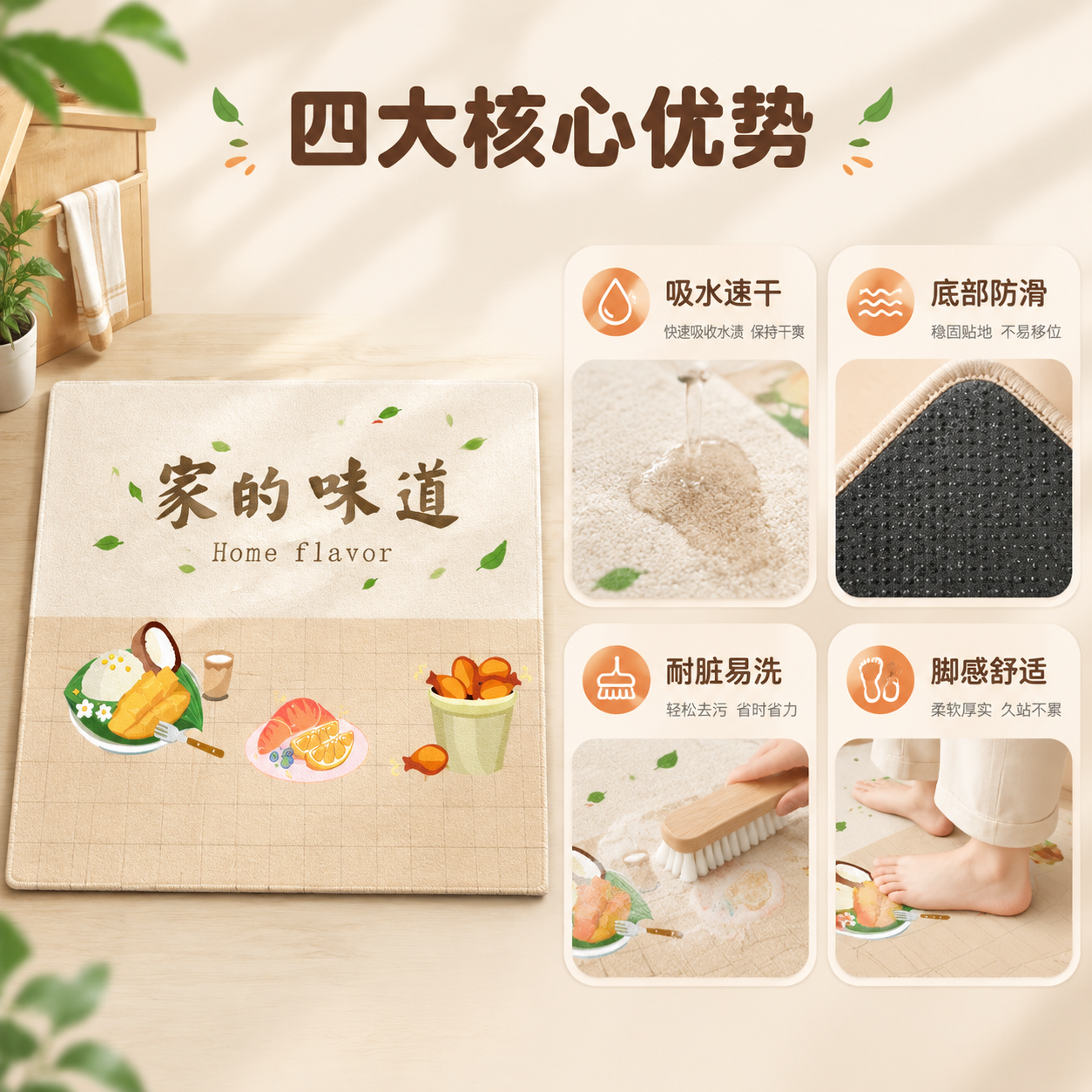 [主图-2] 卖点信息与使用体验，结合图标展示厨房地垫的核心功… - 图片创意预览
