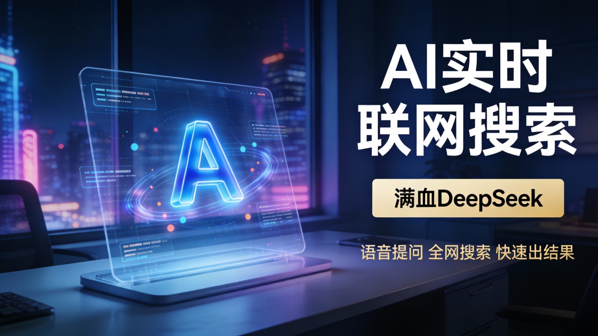 这是一张场景沉浸感的 AI 产品宣传图，采用左图右文构图。左侧视觉核心是：未来感十足的智能办公场景 —— 透明全息屏幕悬浮于简约桌面之上，屏幕中央投射出蓝色立体 “A” 字母，周围环绕着流动的实时搜索预览效果
