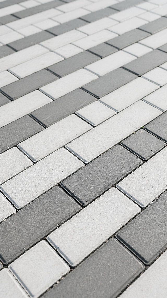 浅灰色与中灰色相间的长方形混凝土铺路砖，以纵向四列交错排列的方式紧密铺就，砖块表面呈现出细腻均匀的磨砂质感，砖缝为深灰色细线且宽度一致，整体构成无缝平铺的地面纹理，光线均匀柔和，营造出简洁、规整、略带工业风的朴素氛围。