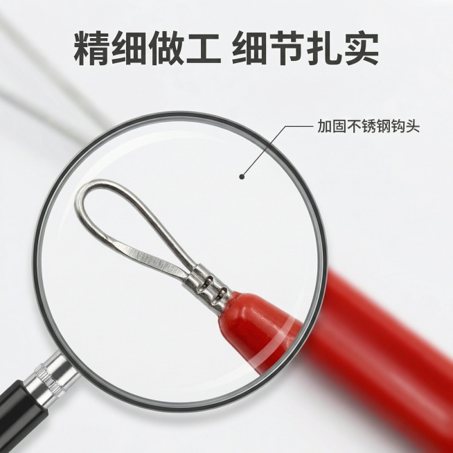 [主图 3] 穿绳器细节特写图
[氛围/风格] 微距特写，清晰展示材质细节，专业可靠。
[画面元素] 放大展示穿绳器头部的不锈钢钩圈和手柄连接处，圆形放大镜效果框住钩头部位，突出金属质感和做工细节，背预览效果