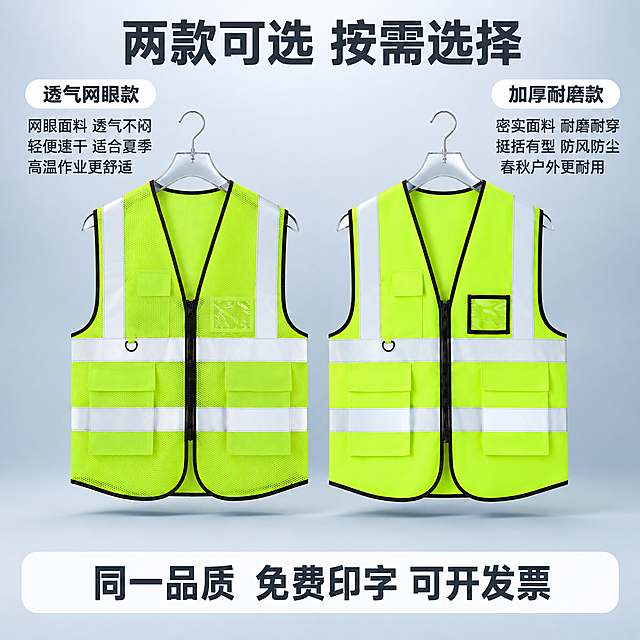 [主图-3] 荧光黄绿安全反光背心双款面料对比展示图。
[氛围风格] 工厂质检感 清晰对比 专业实用；
[画质] 商业摄影质感、面料细节清晰、光线均匀、画面干净。
[元素] 画面采用左右对称布局，左侧悬挂展示网眼透气款反光背心（荧光黄绿网眼面料，可见网格孔洞纹理），右侧悬挂展示加厚平纹耐磨款反光背心（荧光黄绿密实平纹面料，表面光滑挺括），两件背心均为银白胸肩反光带、黑色包边拉链、多口袋结构，分别用透明衣架挂起。背景为浅灰蓝渐变洁净背景，地面有柔和阴影。**保持两款背心外观与输入产品图完全一致（网眼款对应图1、平纹款对应图2），杜绝变形色差**。两件背心各占画面约38%，间距适中。
[光影] 柔和均匀棚拍光，面料质感清晰，网眼款可见通透网格，平纹款可见密实纹理，反光条有细腻光泽，无强反光过曝。
[配色] 主色荧光黄绿；辅色银白、黑色；背景浅灰蓝。
[视角构图] 平视正面挂拍视角，左右两款对称陈列，底部留空间放文字，画面干净整齐。
[文字版式] 顶部居中大标题粗黑体深灰字"两款可选 按需选择"。左侧网眼款上方小标签白底深灰字"透气网眼款"，下方三行说明："网眼面料 透气不闷"、"轻便速干 适合夏季"、"高温作业更舒适"。右侧平纹款上方小标签白底深灰字"加厚耐磨款"，下方三行说明："密实面料 耐磨耐穿"、"挺括有型 防风防尘"、"春秋户外更耐用"。底部通栏白底深灰字"同一品质 免费印字 可开发票"。文字清晰可读，不遮挡背心主体。
[输出要求] 1:1比例，文字清晰锐利，超高清商业摄影质感。
[负向提示词] 变形，文字错乱，产品图模糊，背景杂乱，水印，电商平台Logo，衣架穿模，悬挂错位。