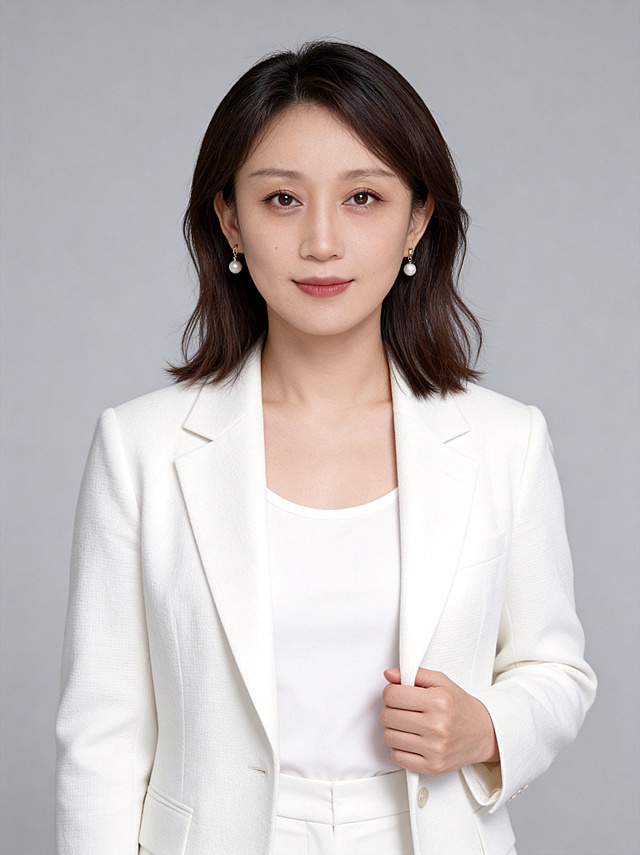 参考图中保留人物脸型、发型、年龄等特征生成职场形象照，标准焦段50mm，f/4光圈，平视视角，人物占画面70%，人物居中，半身像，左右留少量背景空间，头部与画面顶部保留5%空间，头部发型完整，头肩比例协调，人物结构准确。发质微微柔顺，微微蓬松。身穿白色精纺羊毛混纺休闲西装外套，平驳领设计，面料呈细腻微微哑光质感；内搭简洁基础款，下装白色精纺羊毛混纺休闲西裤；着装正式干练；专业沉稳，气质亲和干练，身形匀称，姿态端正，身体挺拔。呈右手轻握西装前襟的自然姿态，肢体放松且自信。佩戴精致珍珠耳环。简约微微中度灰色纯色背景，背景光线均匀柔和，强化色彩对比的高级感，极简干净。32k画质超高分辨率、细节清晰，现代精致感风格；肤质精细化处理；眼神直视镜头，目光坚定且澄澈，表情自然，嘴角上扬。清透自然裸妆，妆感轻薄轻透裸肌感，通透感肤质，肤色均匀白皙，雾面柔光裸肌感，保留真实毛孔纹理，自然提亮。正面柔光补光，4800K中性光，面部光比1:1.5，色调明亮。中近景写实摄影，对焦清晰，高清保留皮肤细节。分辨率4K，去除人物之外的所有元素。严格按照图片内容生成。画面比例3:4