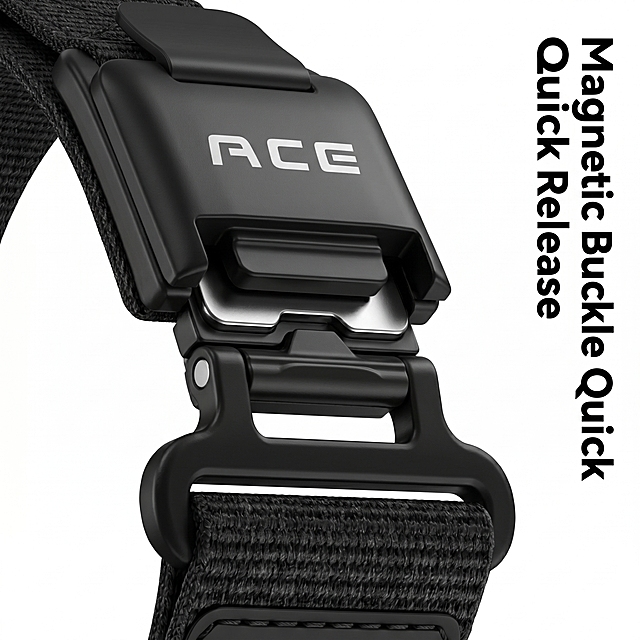 [主图 3] Close-up display of magnetic buckle of nylon watch band. Outdoor sports tough guy style, commercial macro photography. Close-up focus on the magnetic buckle part, show the strong suction structure of the magnetic buckle. Keep the product appearance (physical structure, material texture, color) completely consistent with the input product image, eliminate any deformation and color difference, refined processing. [Atmosphere style] Technical sense, clear detail display. [Image quality] Commercial macro photography, high resolution, clear texture, sharp picture, high-level clean. [Elements] The magnetic buckle is located in the center of the picture, occupying 70% of the picture, the woven nylon strap extends to the edge, pure white background, full picture without border. [Lighting] Studio directional light, highlights the metal texture of the buckle and the three-dimensional structure of the magnetic attraction, soft shadow, clear level. [Color matching] Pure white background, black buckle main color, metal silver high light. [Perspective composition] 45-degree close-up, focus on the buckle, clear focus. [Text layout] On the right side of the picture, the text is arranged vertically: "Magnetic Buckle Quick Release", black bold, moderate size, placed in the negative space does not block the product. [Proportion resolution] 1:1 proportion, 2K resolution, super clear. [Negative prompt] Deformation, watermark, text confusion, blurred product picture, messy background, Chinese characters.