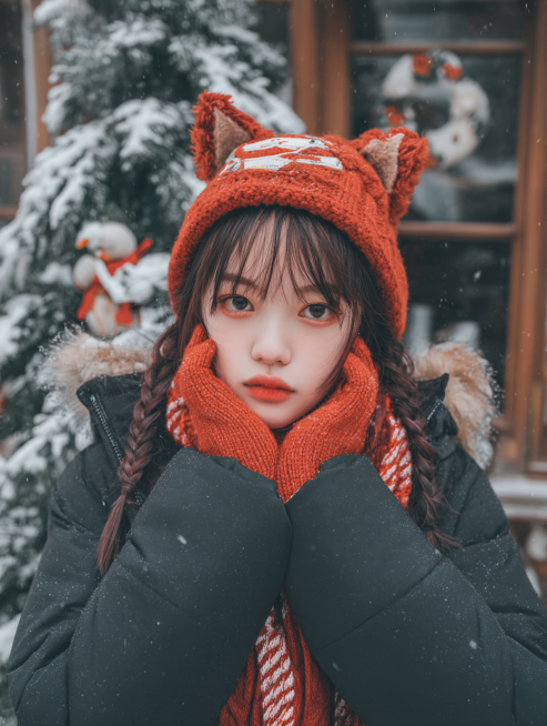重新生成单人写真图片四张，要求人物脸部清晰，像素3k，着重刻画人物面部手部细节描写，比例3：4，甜美可爱活力女生
发型
棕褐色双麻花辫，搭配带姜饼人装饰的红格纹圣诞帽（帽檐有毛绒+棕熊耳造型），发丝蓬预览效果