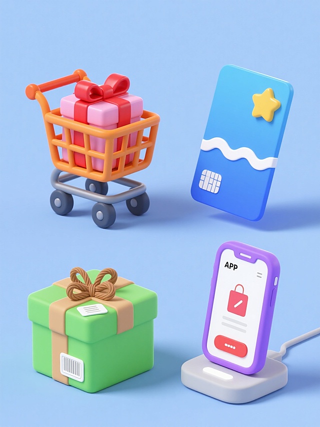 4个电商素材元素组成的系列集合，每个元素均为圆润可爱的3D卡通风格，高光泽度材质，柔和阴影，纯色背景，规整网格排布。元素1：橙色购物车，车筐内有一个粉色礼盒，车轮为深灰色，车把手处系着红色蝴蝶结；元素2：蓝色信用卡，卡面有白色波浪纹理，右上角有一个黄色星星图标，卡片微微倾斜；元素3：绿色包裹盒，盒子上系着棕色麻绳，顶部有一个白色标签，盒身有浅棕色条纹装饰；元素4：紫色手机，屏幕显示购物APP界面，手机下方有一个浅灰色充电底座，底座上有白色指示灯。所有元素保持统一的圆润造型、明亮色彩和电商相关主题，整体画面简洁明快，信息传达清晰。