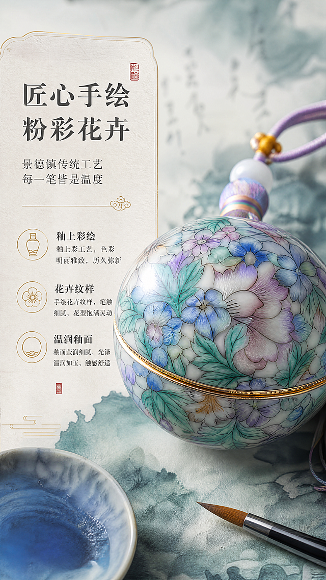 [商品] 使用【图1】球形陶瓷吊饰香料盒；保留球形结构、蓝绿粉彩花卉纹样、金色描边开合线；商品处理：保留产品原貌，微距放大陶瓷表面花卉纹样，增强手绘笔触质感与陶瓷釉面光泽。
[画面] 第3张细节工艺，目标是展现景德镇陶瓷手绘工艺之美。微距质感型构图，球形香料盒侧躺于画面中央，陶瓷表面花卉纹样占据画面主要视觉，特写花瓣纹理与釉面光泽；旁边放置一支细毛笔和一小碟青花颜料，暗示手绘工艺；背景是朦胧的宣纸纹理与淡墨晕染。
[视觉] 套系策略：风格=高级国风新中式商业摄影；标题字=宋体衬线粗体；正文字=纤细宋体；主色=青瓷蓝绿+粉紫渐变；背景延展=基于青瓷蓝绿做深浅层级、宣纸纹理、淡墨晕染质感；强调色=鎏金色，仅用于小面积图标、引线和装饰线条；标题色=深墨色；正文色=炭灰色；组件=圆角宣纸质感信息卡、细金线引线、中式印章元素；光影=侧顶柔光，突出釉面质感与纹样层次。
[文字] 画面左侧竖排区域（文字横排）主标题"匠心手绘 粉彩花卉"，副标题"景德镇传统工艺 每一笔皆是温度"；配3个工艺卖点：釉上彩绘、花卉纹样、温润釉面；文字位于左侧留白信息卡内，不遮挡产品纹样细节，全部横排。
[规格] 图片比例9:16竖版，4K，高质量，避免变形、错字、文字过小、纹样模糊、颜色失真。