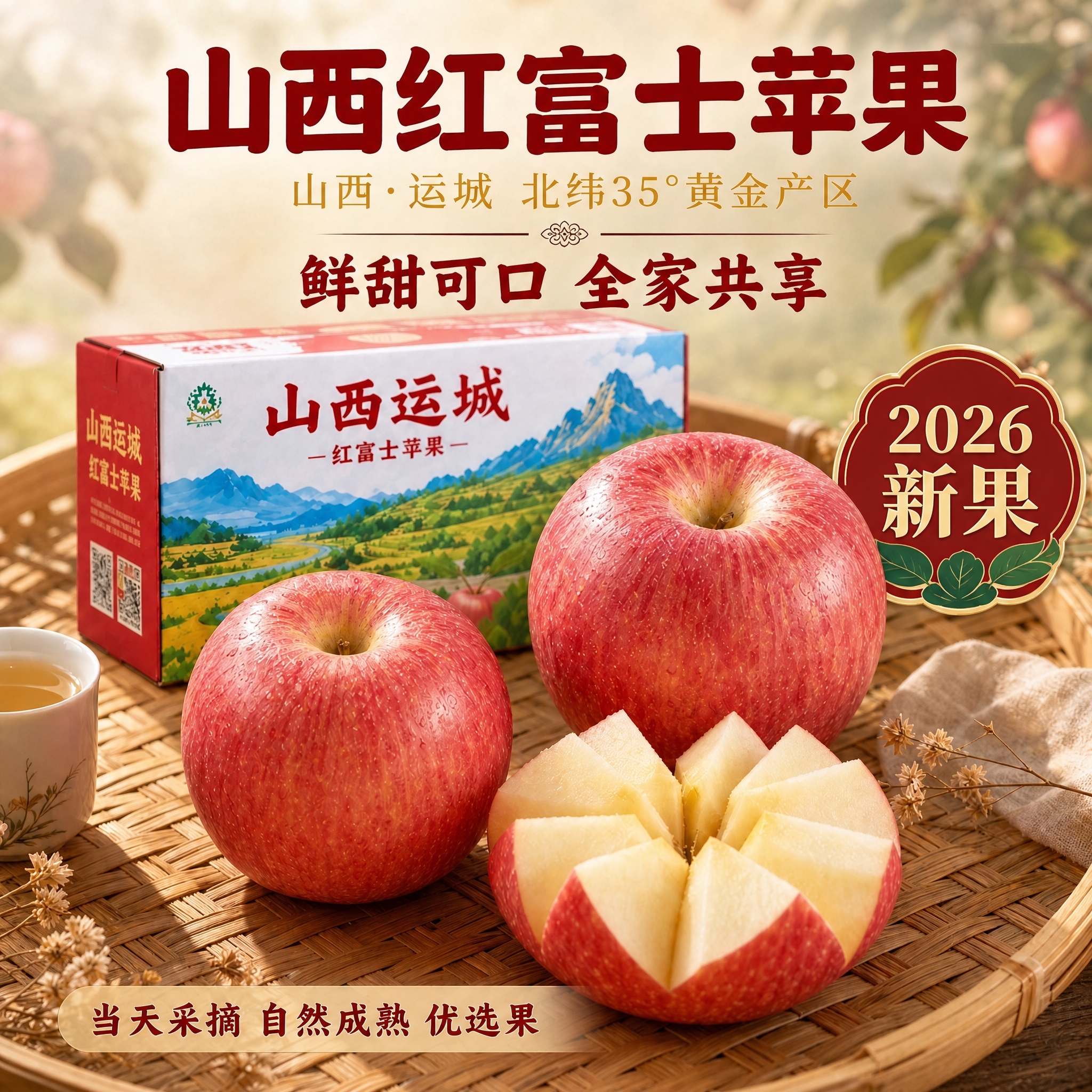 严格保持原图构图、光影、苹果、包装箱、竹篮、布料及所有原有中文… - 图片创意预览