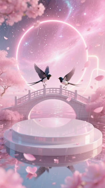 梦幻粉白色圆形展台，展台后面有两只小喜鹊飞在鹊桥上面，花瓣雨，背景是粉色星云，霓虹光效。预览效果