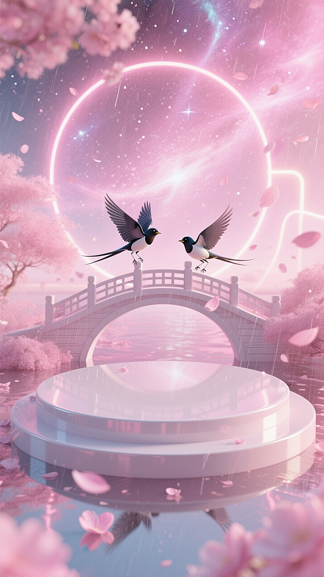 梦幻插画风，双鸟飞舞于樱花桥畔，光圈环绕，营造浪漫超现实主义氛围。