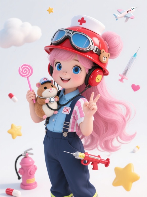1. 特写镜头，一位穿着天蓝色护士服的小女孩，粉色长卷发在脑后扎成俏皮的丸子头，白色护士帽上别着小熊图案的发夹，大大的蓝色眼睛闪烁着温柔的光芒，嘴角挂着治愈的微笑，左手抱着一只戴着迷你听诊器的棕色小仓鼠玩偶，右手拿着一个粉色的注射器造型棒棒糖，周围漂浮着心形药片和星星图案的体温计，白色背景凸显主体。

2. 俯视角构图，穿着鲜红色消防服的小女孩站在白色背景中央，粉色长卷发被红色消防头盔包裹，头……预览效果