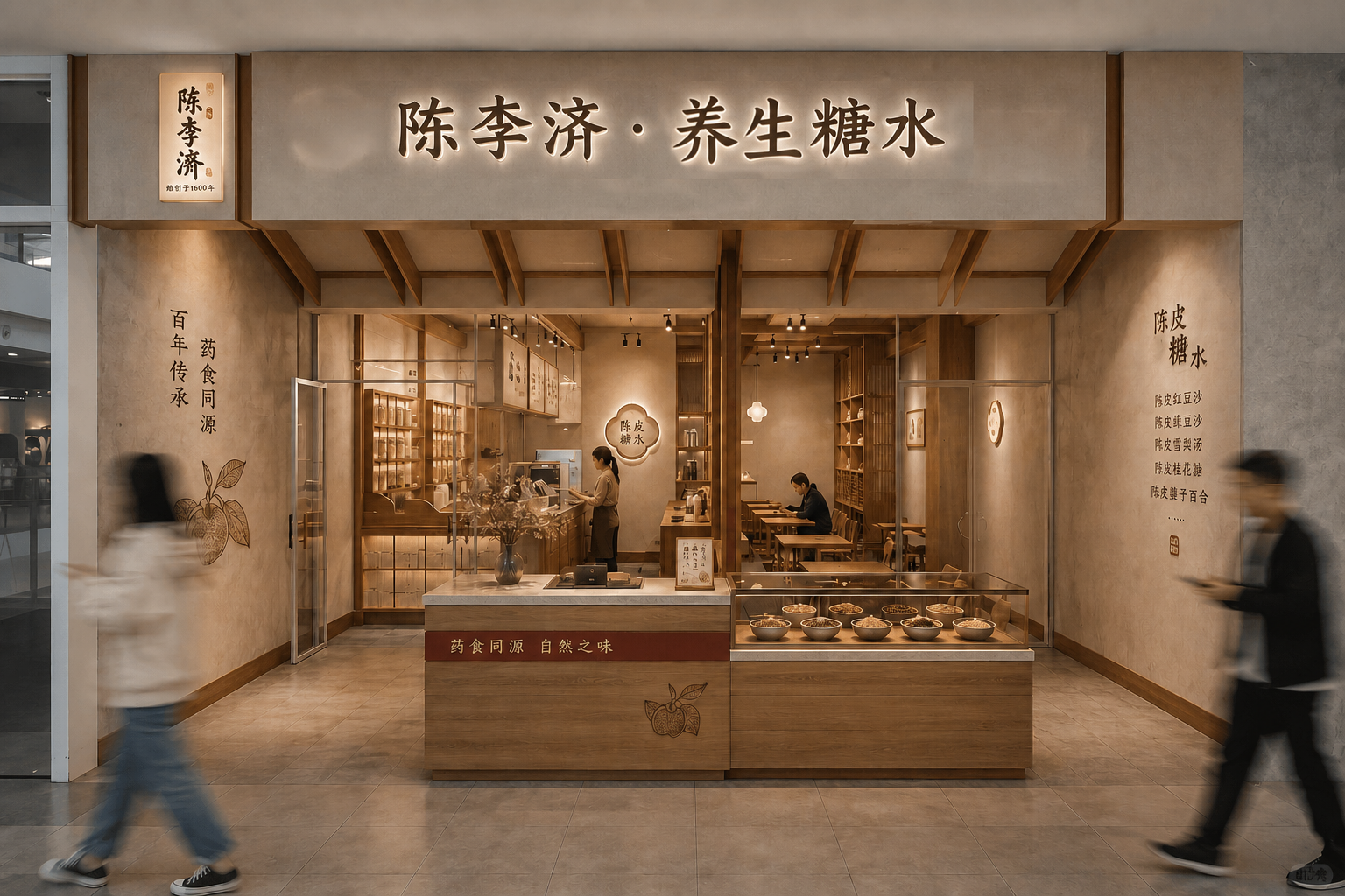 将图片左侧墙面上的竖排文字“百年陈李济 一味陈皮”修改为竖排的… - 图片创意预览