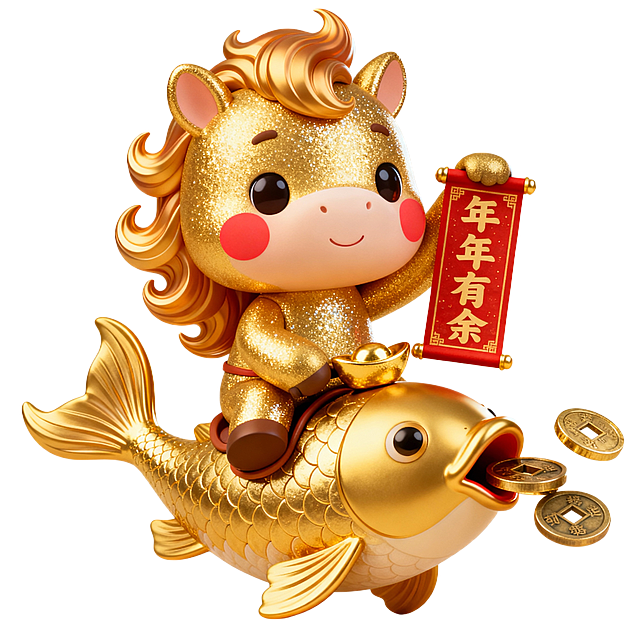 这是一个3D风格的金色小马IP形象，整体造型可爱圆润。小马通体为金色，带有闪亮的光泽质感，鬃毛和尾巴呈波浪状飘逸。它手上举着个对联，对联上写着“年年有余”，脸颊有红晕增添萌感。胯下骑着着一个3d金色的锦鲤鱼，鱼嘴里吐出金元宝和铜钱，充满喜庆吉祥的氛围。整体设计融合了传统吉祥元素与现代萌系审美，适合作为新年或喜庆主题的IP形象使用。