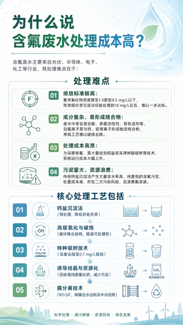 严肃简洁的环保科普海报，主色调浅绿和浅蓝，色系清透，整体干净整洁专业。海报包含以下层级清晰排版的文案：大标题："为什么说含氟废水处理成本高？"，正文：含氟废水主要来自光伏、半导体、电子、化工等行业，其预览效果