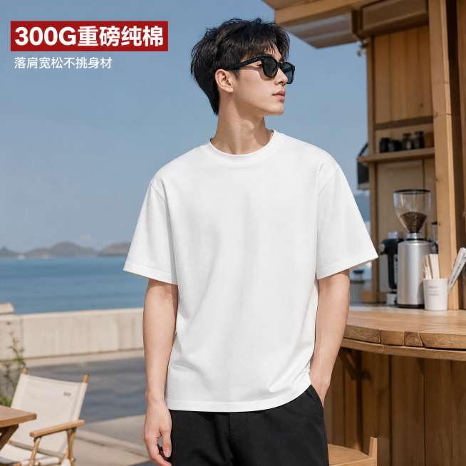 [主图-1] AI生成模特场景图，男模特穿着白色300G重磅纯棉落肩T恤站在海边咖啡馆，光线自然柔和，不要过度滤镜。[氛围风格] 休闲日常氛围感，自然松弛感，真实街头摄影质感。[画质] 商业摄影质感、预览效果