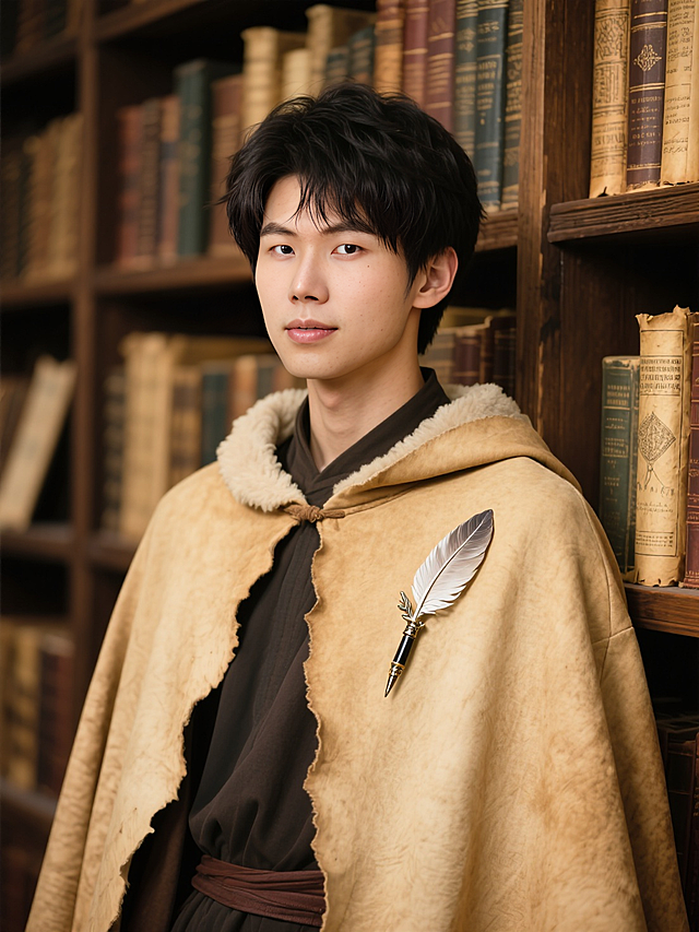 一个年轻帅哥，穿着羊皮纸长袍，别着羽毛笔发簪，背景是魔法图书馆，古卷泛黄滤镜