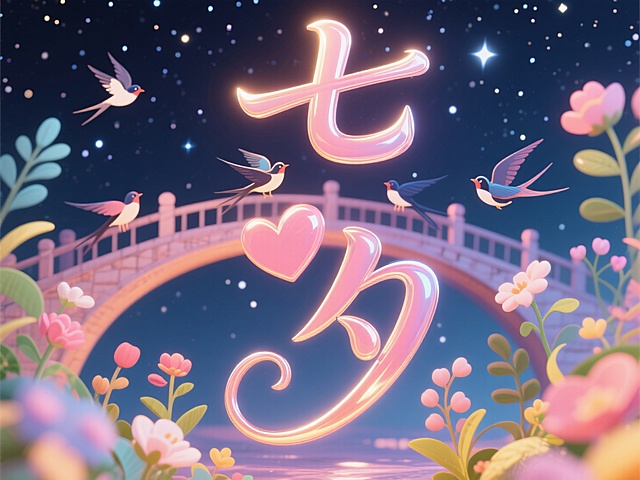 竖向文字"七夕"，线条流畅，适合女性话题的艺术字体线条，花草浪漫元素。创意字体设计点缀有喜鹊鹊桥、星空里面有很多星星，童趣活泼。夜空星空，浪漫七夕氛围。
