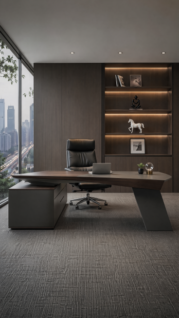 高层轻奢高管办公室内景，固定平视机位，中前景预留口播人物站位，背景中度景深虚化；
左侧全景落地窗，窗外虚化城市天际线，深灰色编织地毯，烟熏深棕木饰面墙面，平顶筒灯；
异形设计大班台，深棕木纹 + 灰色预览效果