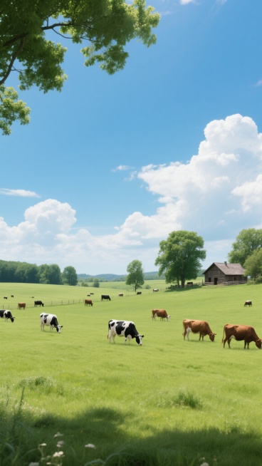 超写实风格农场背景，广阔无垠的翠绿草地，草地上点缀着黑白花奶牛和棕色牛群在悠闲吃草，远处有几棵高大的绿树和一座小木屋，湛蓝的天空中飘着蓬松的白云，阳光明媚，光线充足，整体画面呈现出宁静、自然、生机勃勃的氛围，具有强烈的空间感和真实的光影效果。预览效果