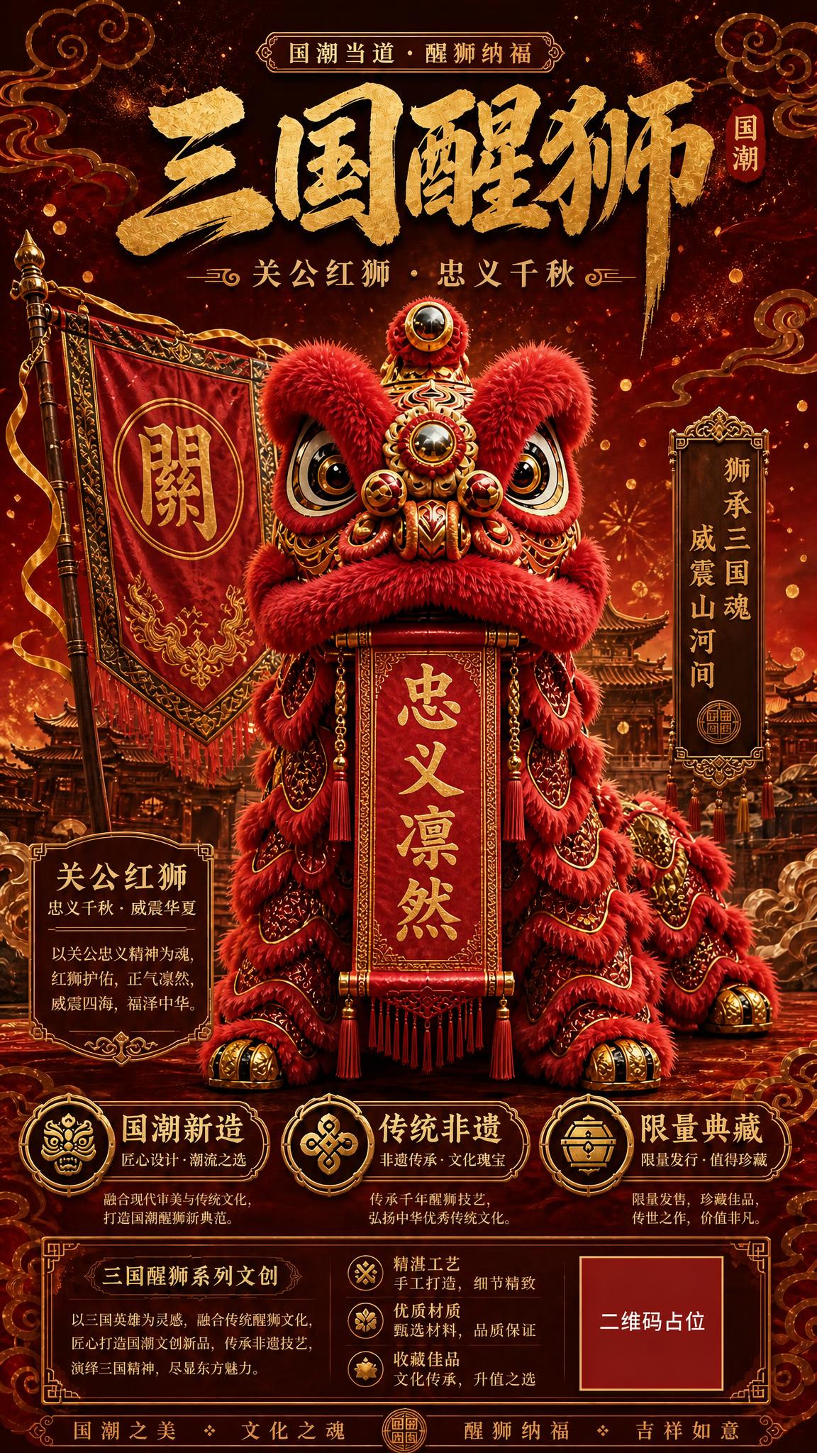 国潮醒狮海报，关公红狮款。画面主体是一只关公红狮，朱砂红色狮身… - 图片创意预览