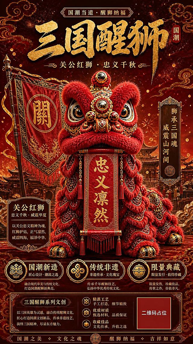 国潮醒狮海报，关公红狮款。画面主体是一只关公红狮，朱砂红色狮身#A0202C，传统南狮造型，绒毛蓬松质感，狮头装饰精美华丽有金色纹饰，避免圣诞感。醒狮口中衔着红色卷轴上书"忠义凛然"四个大字。醒狮左后方立着一面战旗，旗上有"關"字。右侧竖排文字"狮承三国魂 威震山河间"。背景为深红色渐变，有金色祥云纹样、古建筑剪影和金色光点，营造庄重热烈的节庆氛围。画面顶部是书法字体大标题"三国醒狮"，下方副标题"关公红狮 · 忠义千秋"。左下角介绍框写"关公红狮 忠义千秋·威震华夏"及描述文字。画面底部有"国潮新造""传统非遗""限量典藏"三个装饰标签，底部还有产品介绍区和二维码占位。整体风格为国潮插画风格，传统喜庆，主色调为朱砂红+金黄色+黑色，版式精美，层次分明，高级质感，与参考图刘备黄狮海报风格完全一致。画面中所有信息区域必须填充完整合理的内容，不得出现空白框或待填写区域。画面中所有二维码区域使用纯色方块占位符呈现，方块中央标注"二维码占位"文字，严禁生成任何可识别的二维码图案。