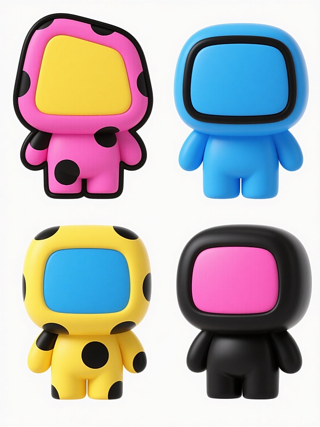 一组4个不同配色、不同样式、不同材质的潮玩元素，采用波普艺术风格，每个潮玩具有鲜明的纯色块（如粉色、黄色、蓝色、黑色等），边缘线条粗黑清晰，部分元素带有黑色圆点背景装饰，整体干净利落，符合现实逻辑的3D立体造型，适用于素材使用，无文字和二维码。