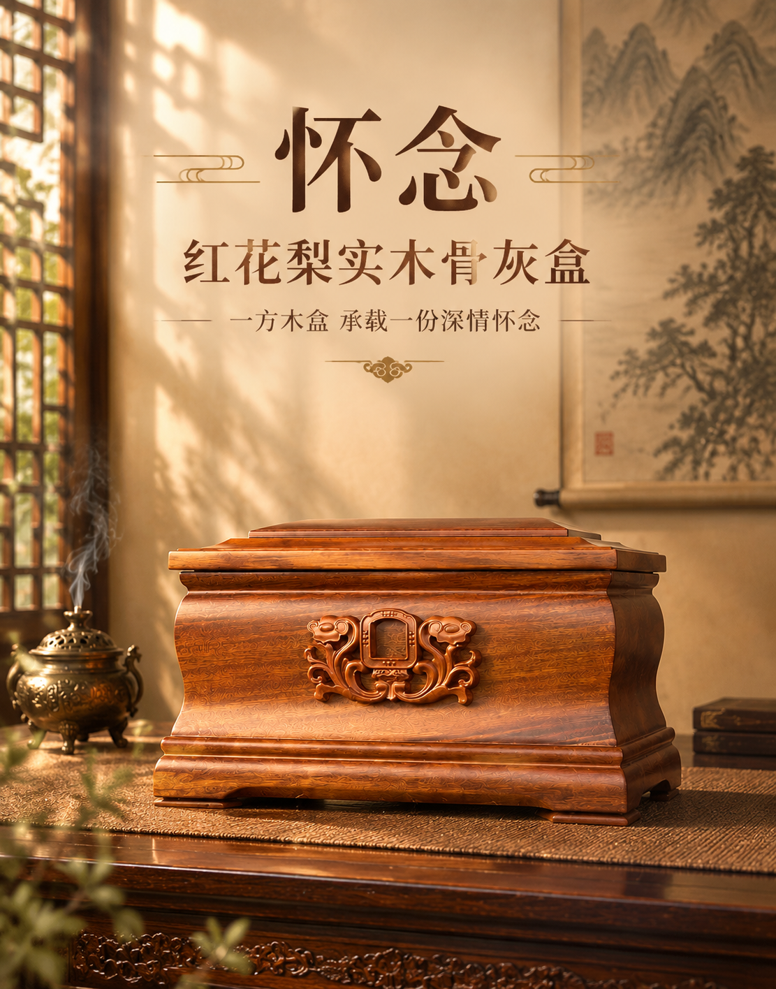 [主图-1] 产品主视觉首图（竖版），展示怀念红花梨实木骨灰盒… - 图片创意预览