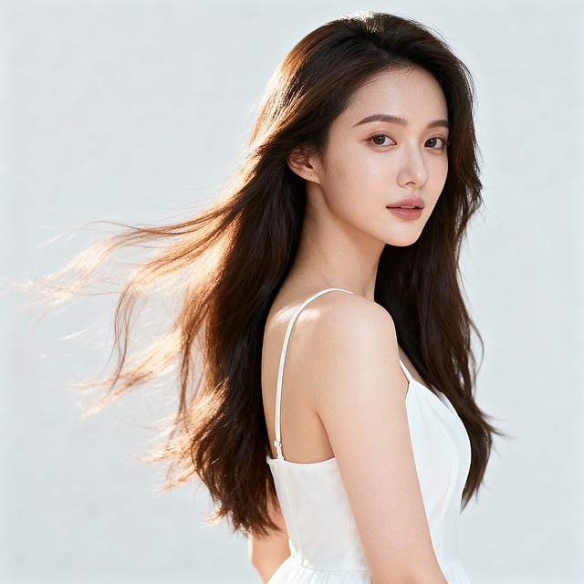 生成护肤品，美女，长发，漂亮，有气质，皮肤白皙水润，吊带白色裙子，半身图片