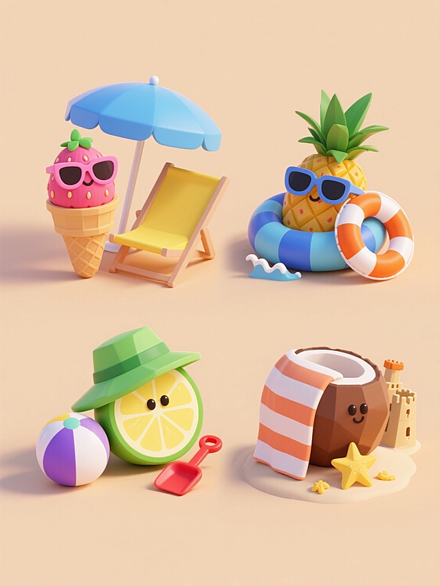 一系列4个不同夏日元素的3D卡通插画，保持圆润可爱的低多边形风格，每个元素都有平滑的曲面、明亮的纯色和轻微的渐变过渡，元素边缘有柔和的高光和阴影，整体色彩明快活泼。第一个元素：戴着粉色太阳镜的草莓冰淇淋蛋筒，旁边有黄色沙滩椅和蓝色遮阳伞；第二个元素：戴着蓝色泳圈的菠萝，周围有橙色救生圈和白色小浪花；第三个元素：戴着绿色草帽的柠檬切片，旁边有紫色沙滩球和红色铲子；第四个元素：裹着条纹浴巾的椰子，周围有棕色沙滩城堡和黄色小海星。所有元素规整排列在纯色背景上，每个元素独立成组，间距均匀，保持一致的光影效果和卡通质感。