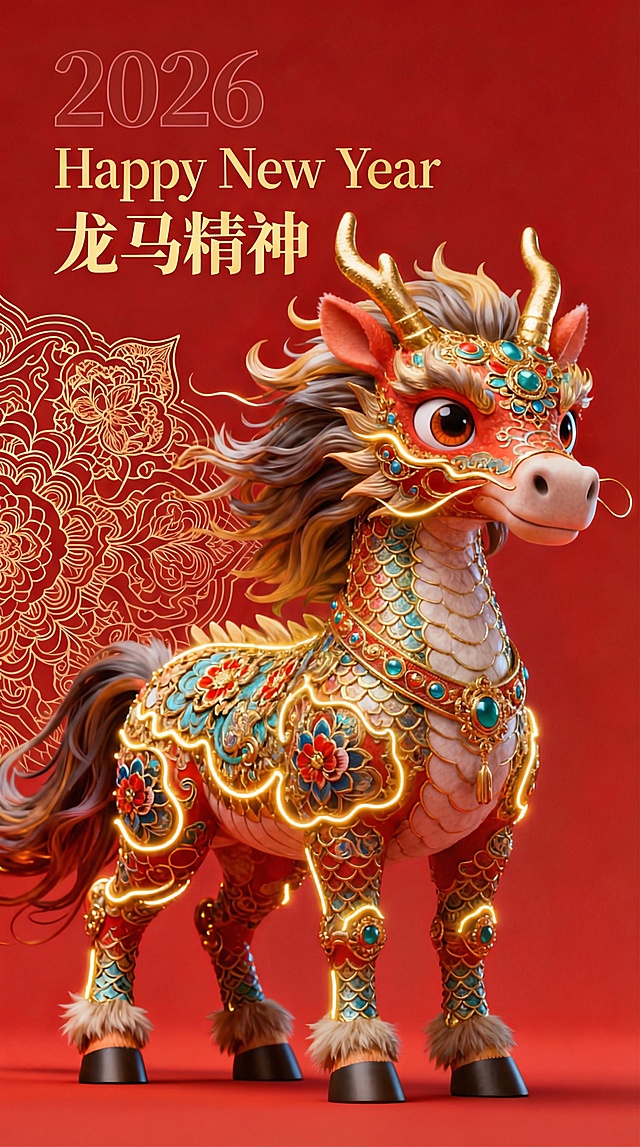 3D国潮风龙马，鎏金浮雕细节，重拟物设计，融合中式纹样与金属光泽，喜庆红金配色，传递2026新年龙马精神。