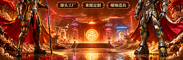 基于参考海报（图1）的整体国潮科幻风格重新生成1920x600超宽Banner：保持深红金色调、中式霓虹背景、祥云粒子光效等元素不变。核心调整：左侧孙悟空款金红机甲和右侧牛魔王款银灰机甲都必须从头到脚完整全身展示，头部、躯干、手臂、腿部、脚部全部完整呈现，绝对不能出现任何部位被裁切或只显示一半的情况，两款机甲全身完整站立，比例协调。画面中央上方是醒目的大标题"国风穿戴机甲"，金属质感国风速写字体，字号大且醒目。标题下方是三个卖点标签："源头工厂"、"来图定制"、"暖场道具"。整体版式精美，文字清晰可读，机甲主体突出，国风炫酷氛围强烈。画面中所有信息区域必须填充完整合理的内容。