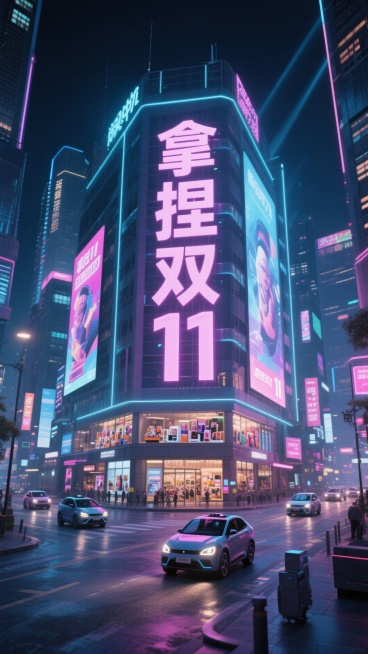 以深夜霓虹为氛围，城市核心商圈建筑外墙全是动态促销广告，“拿捏双11” 醒目标识，街道上穿梭着满载商品的智能小车，光束交织间，购物的狂热与都市夜的静谧巧妙融合。预览效果