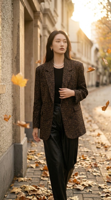专业时尚胶片大片，同一清冷感亚裔超模，保持原本的淡颜清透妆容、黑长直长发、珍珠锁骨链和银色耳钉，身穿同款豹纹西装、黑色内搭与皮裤，更换为不同的自然时尚姿势，场景仍为秋日午后上海老洋房街头，金黄梧桐叶，预览效果
