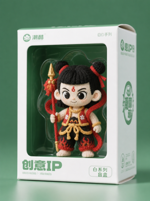 参考原图刺绣盲盒风格，盒子包装不变，将里面的小人形象改为哪吒三太子，保留针织毛绒质感，依然是潮玩盲盒包装形式预览效果