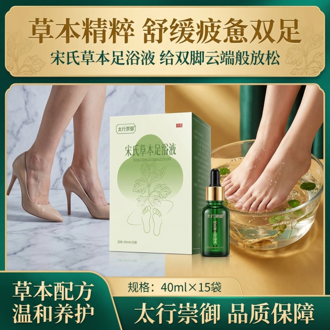 帮我生成一个足浴液商品主图，Close-up shot, luxurious and minimalist. Left half: female feet in high heels looking预览效果
